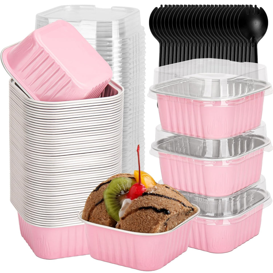 Selizo 60-pack 5oz mini cake pans with lids for easy transport and freshness.