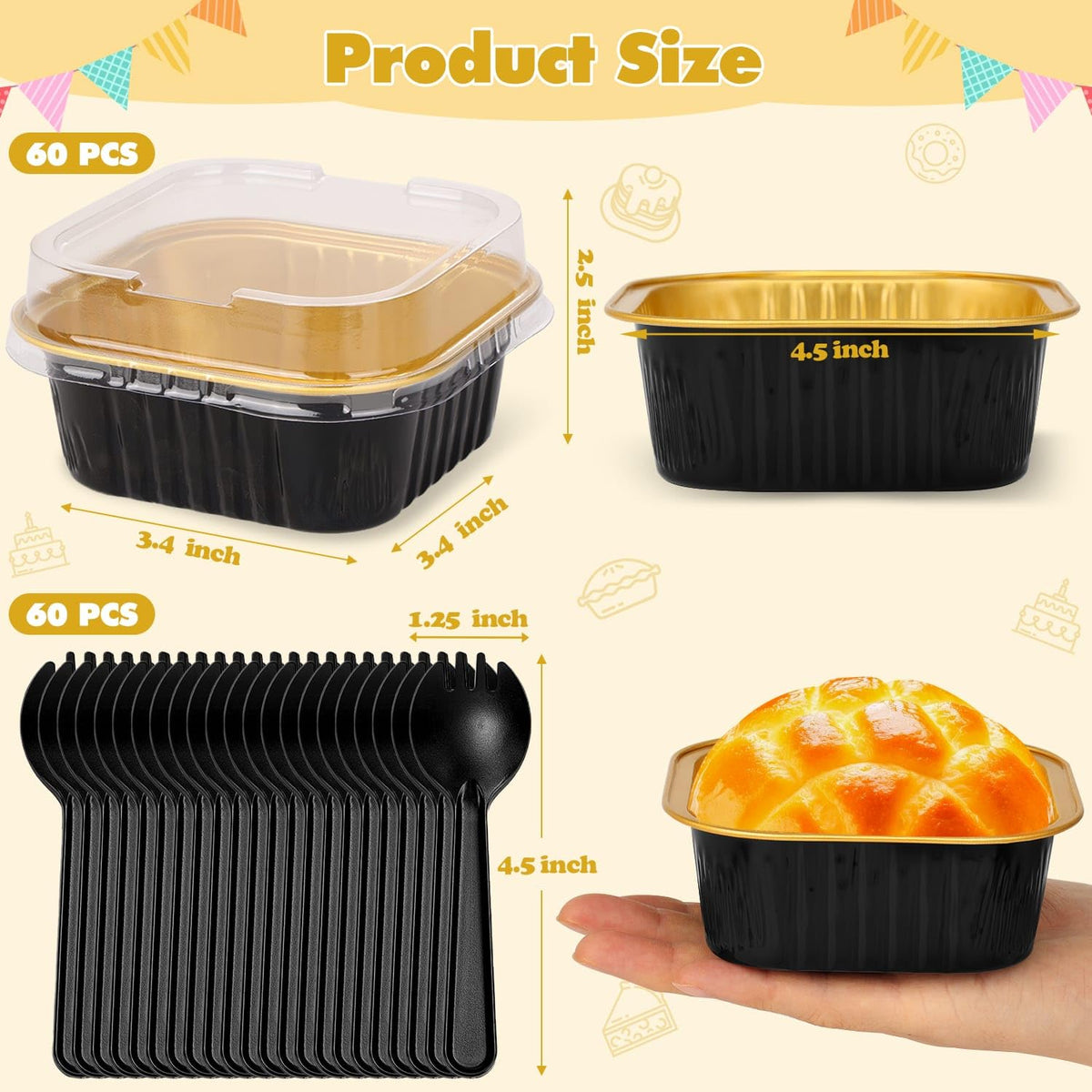 Selizo aluminum foil mini cake pans with clear lids for secure transport.