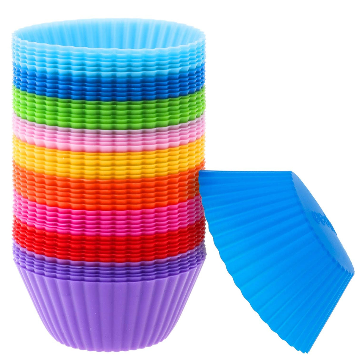Selizo silicone muffin cups in a 54-pack with storage tube for easy organization.