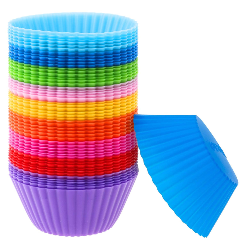 Selizo silicone muffin cups in a 54-pack with storage tube for easy organization.