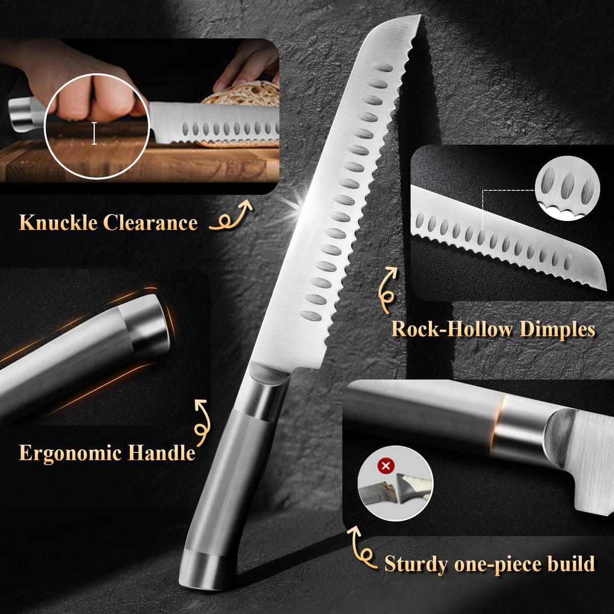 SeLucky forged bread knife with 18-degree resharpenable edge.