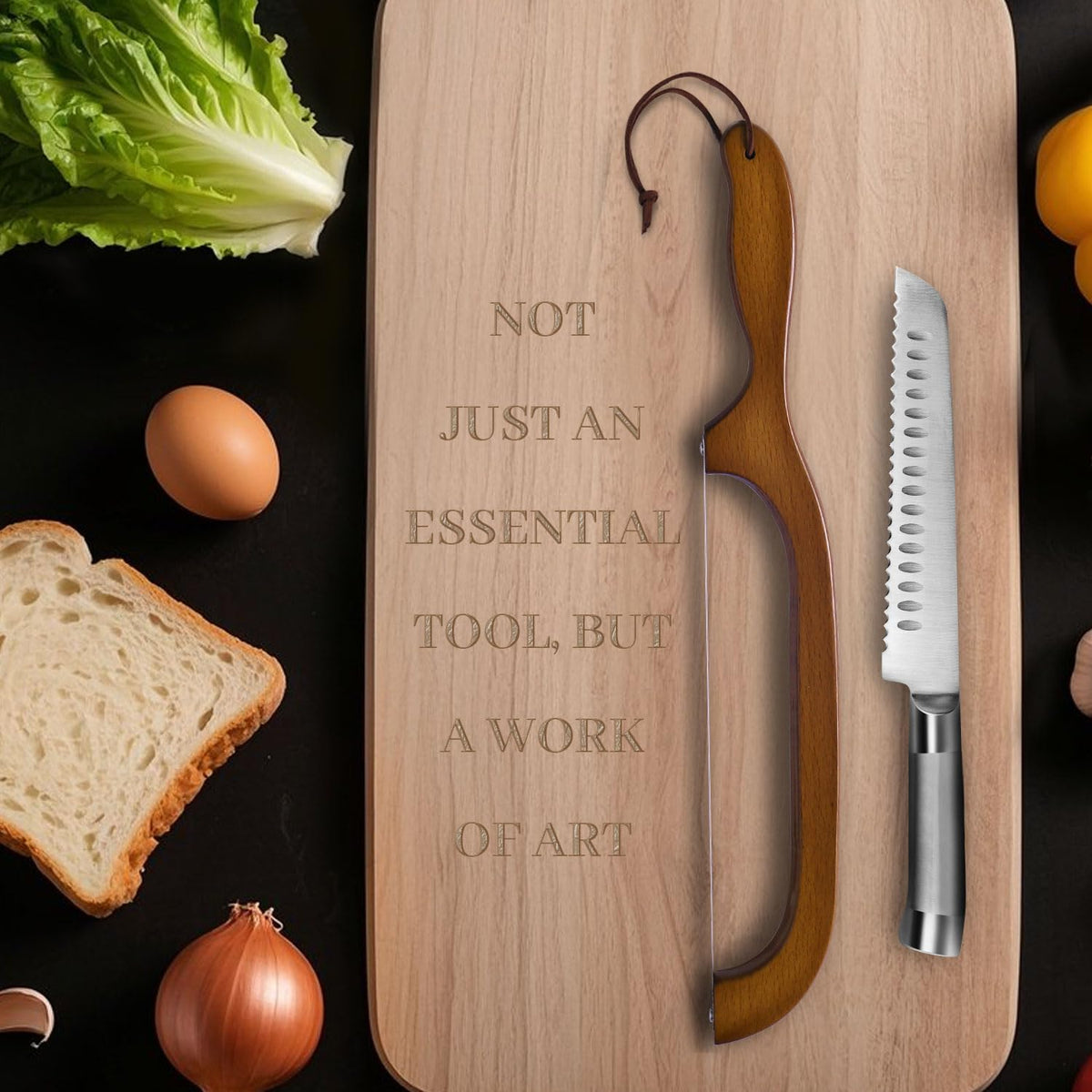 SeLucky two-pack bread knives shown with loaf and baguette.