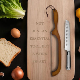 SeLucky two-pack bread knives shown with loaf and baguette.
