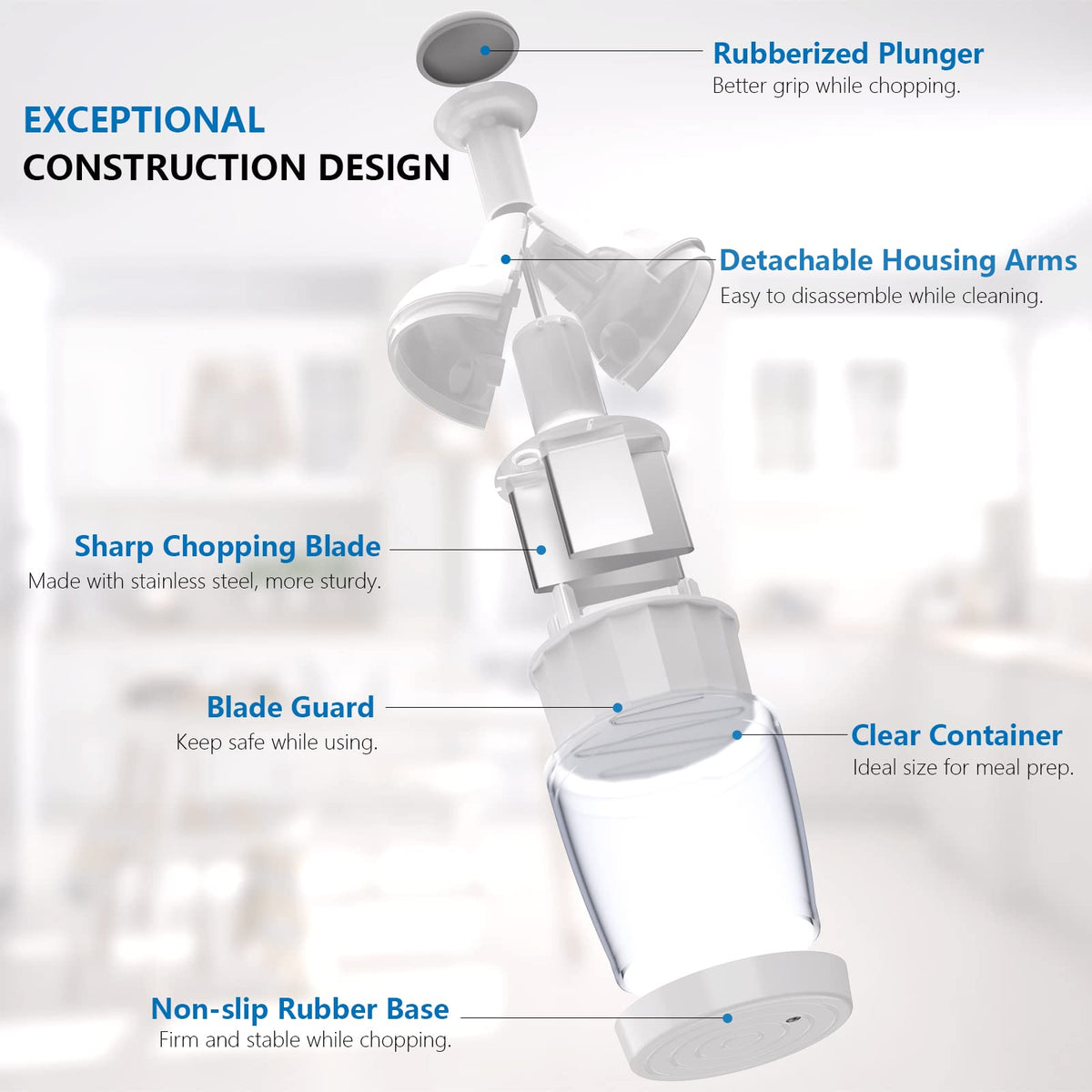 Semcide food chopper stainless steel blade close-up shows precise mincing for even results.