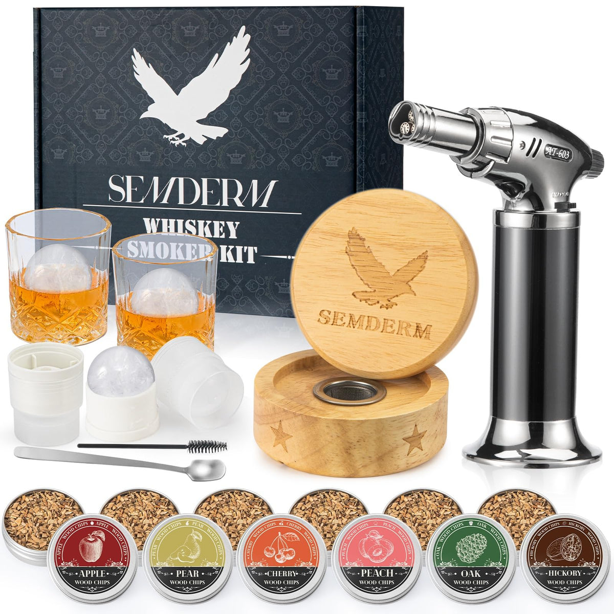 Semderm Bourbon Whiskey Smoker Kit with Torch showcase full setup for elevated home cocktails.