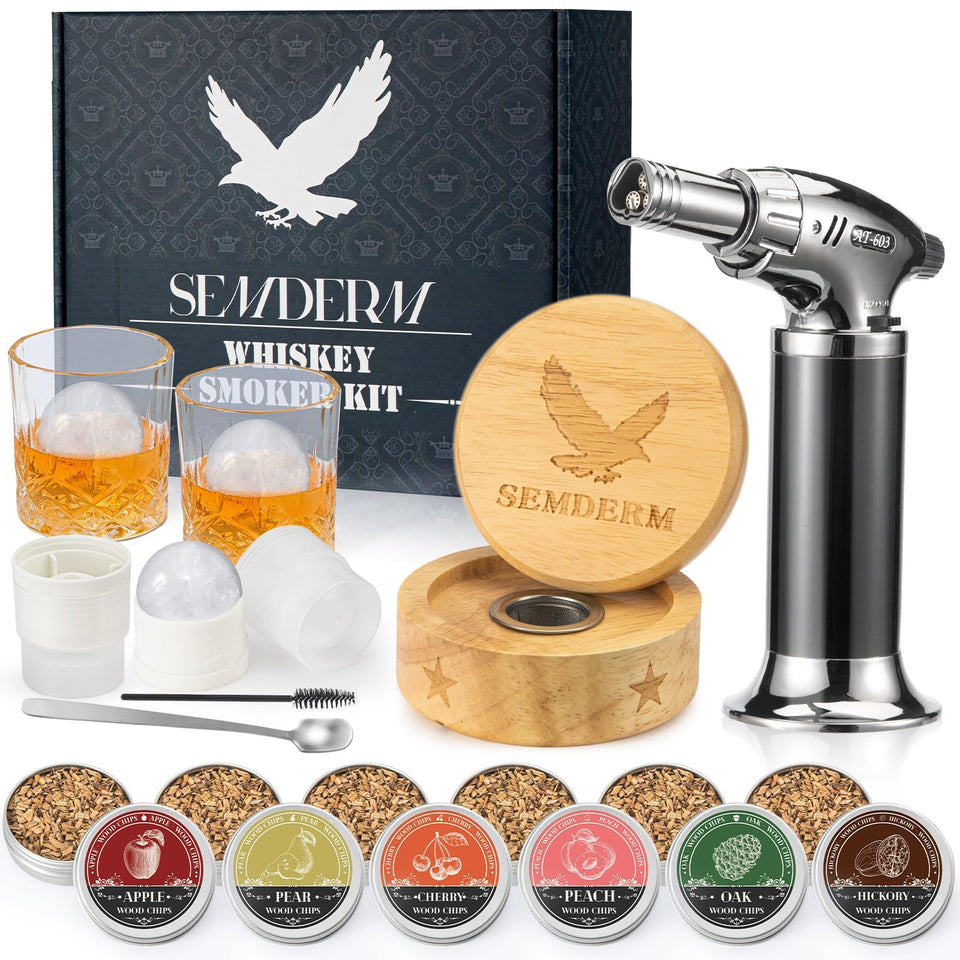 Semderm Bourbon Whiskey Smoker Kit with Torch showcase full setup for elevated home cocktails.