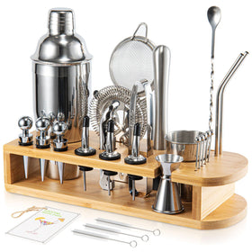 Semderm cocktail shaker set on bamboo stand for elegant home entertaining