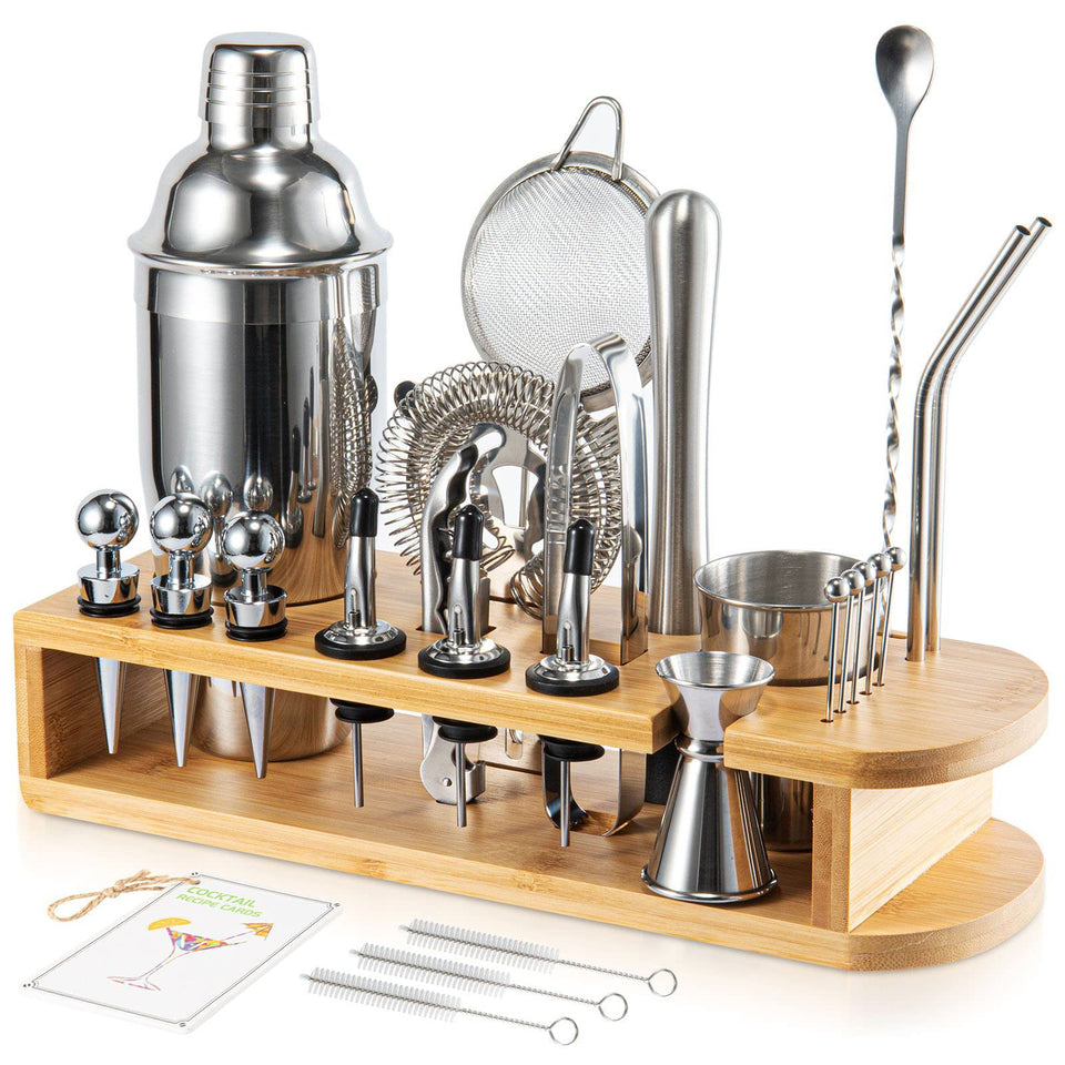 Semderm cocktail shaker set on bamboo stand for elegant home entertaining