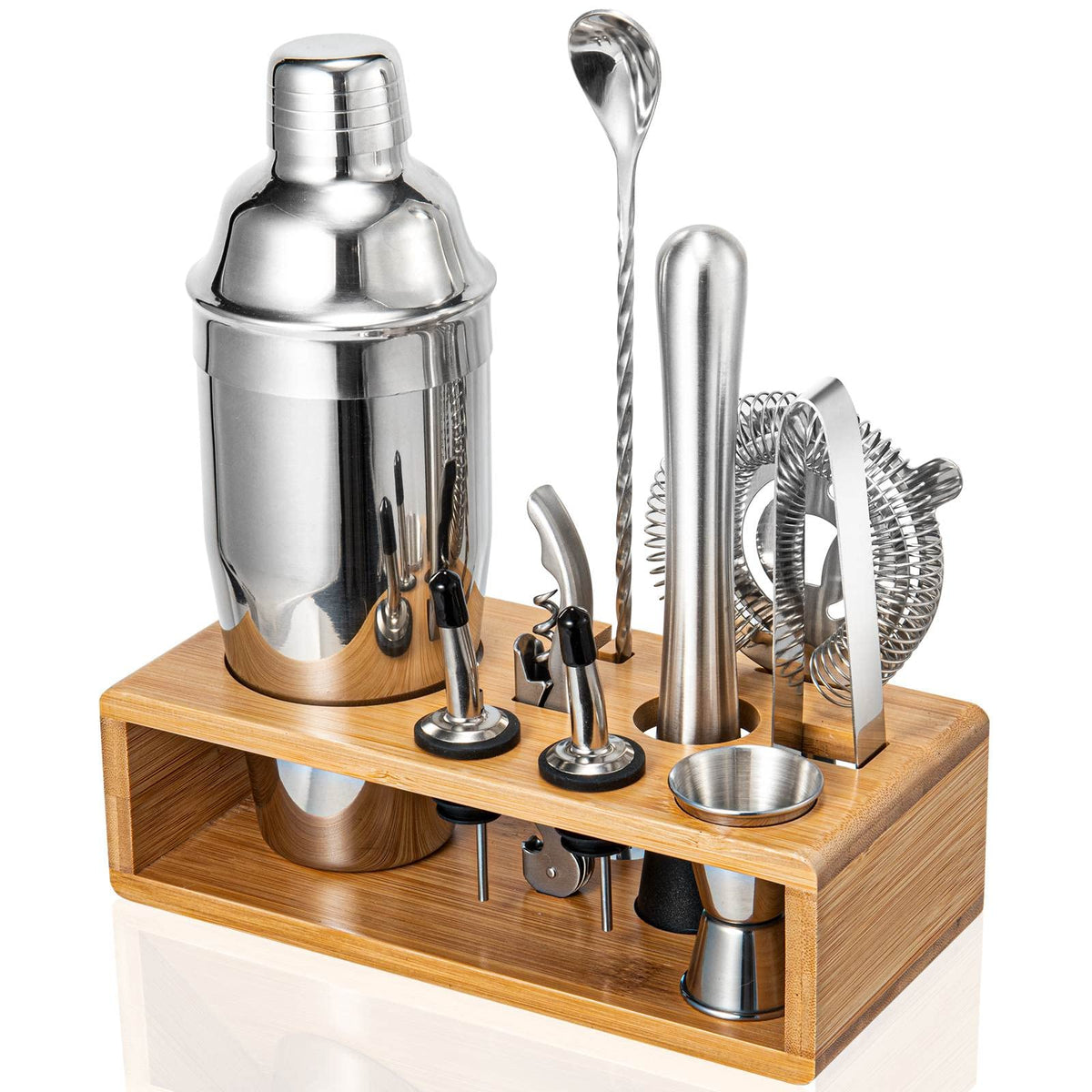 Semderm cocktail shaker set with bamboo stand organized on a stylish home bar