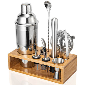 Semderm cocktail shaker set with bamboo stand organized on a stylish home bar