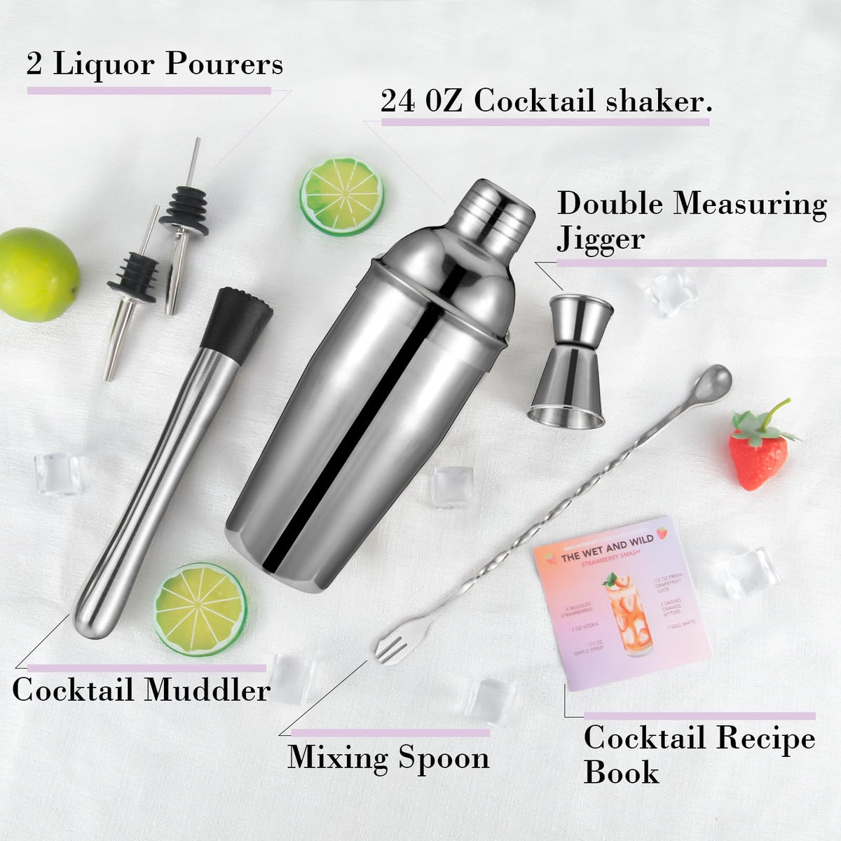 Semderm shaker with strainer ready for smooth pours during cocktail night.