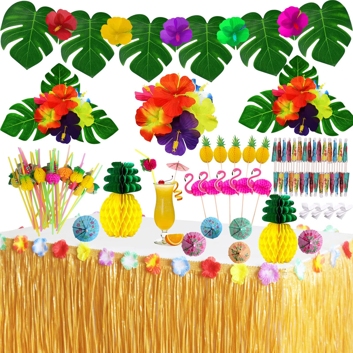 SEMETOR Tropical Luau table skirt 9ft creates an island centerpiece for outdoor parties