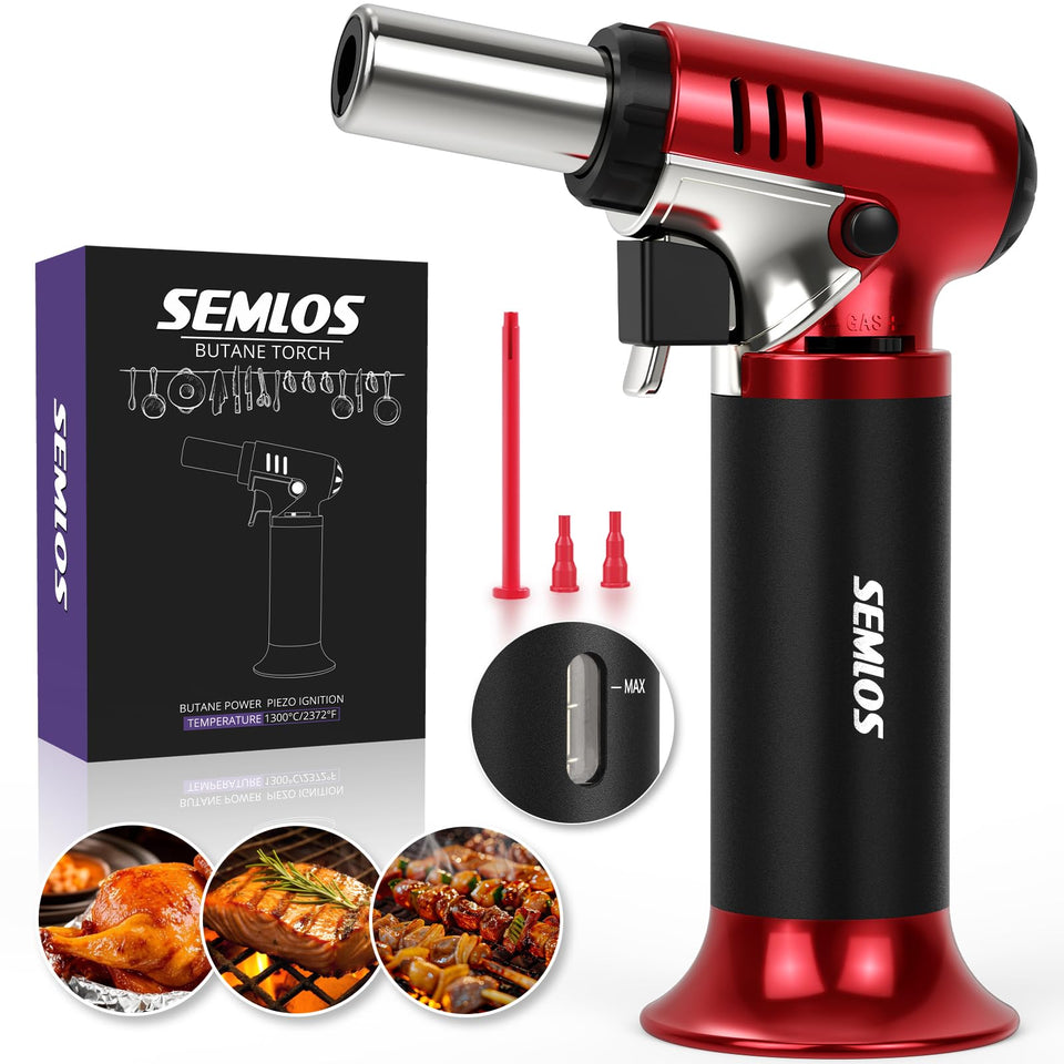 Semlos butane torch showing fuel gauge for precise cooking control.