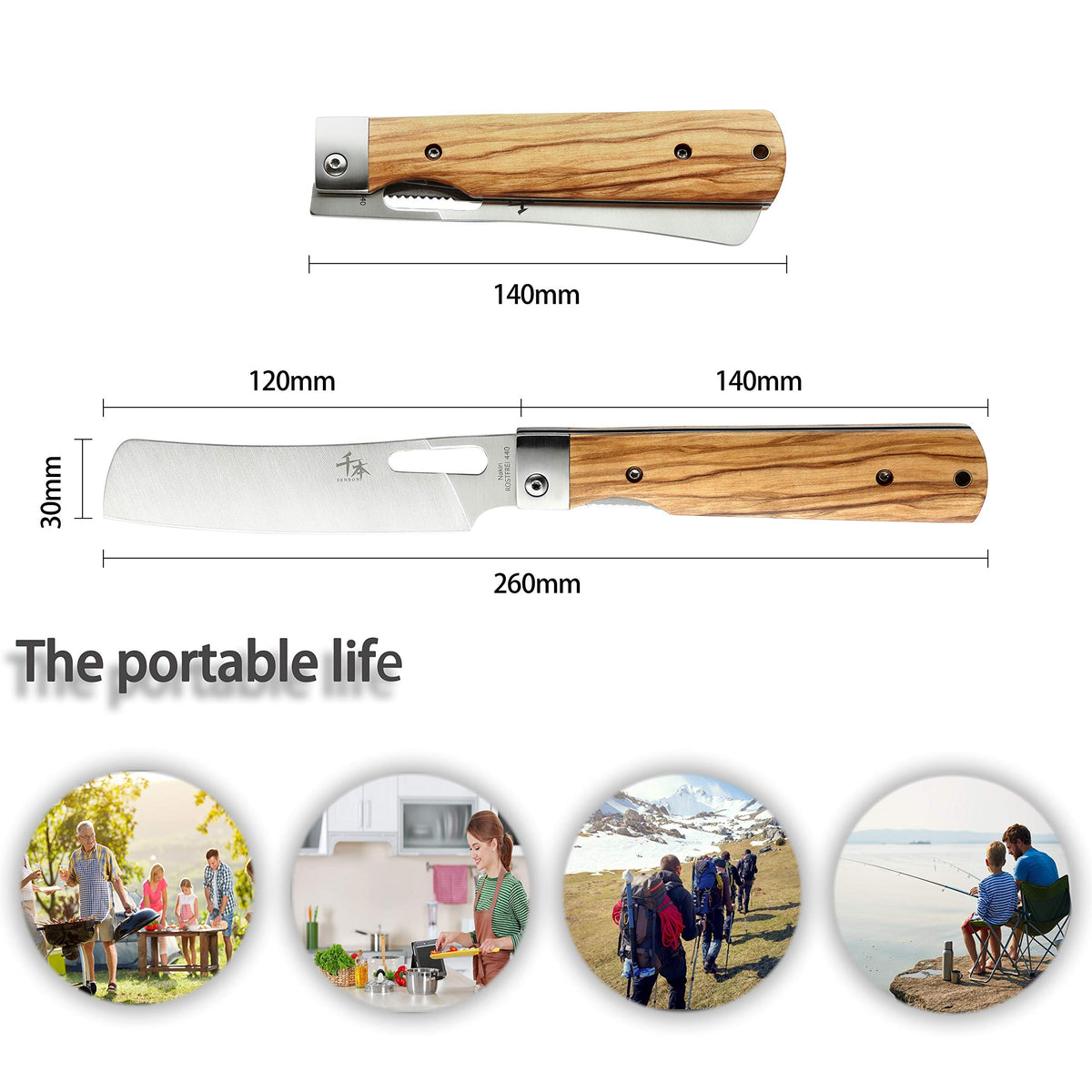 SENBON olive wood handle provides durable, comfortable grip for outdoor cooking