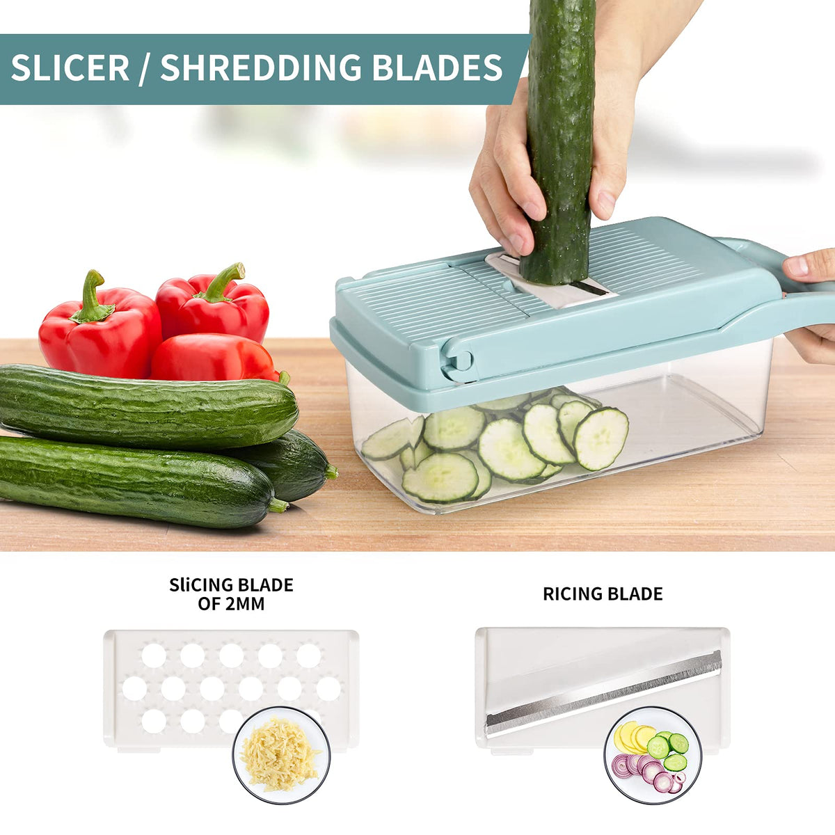 Interchangeable blades set for slicing, shredding, and grating with precision.