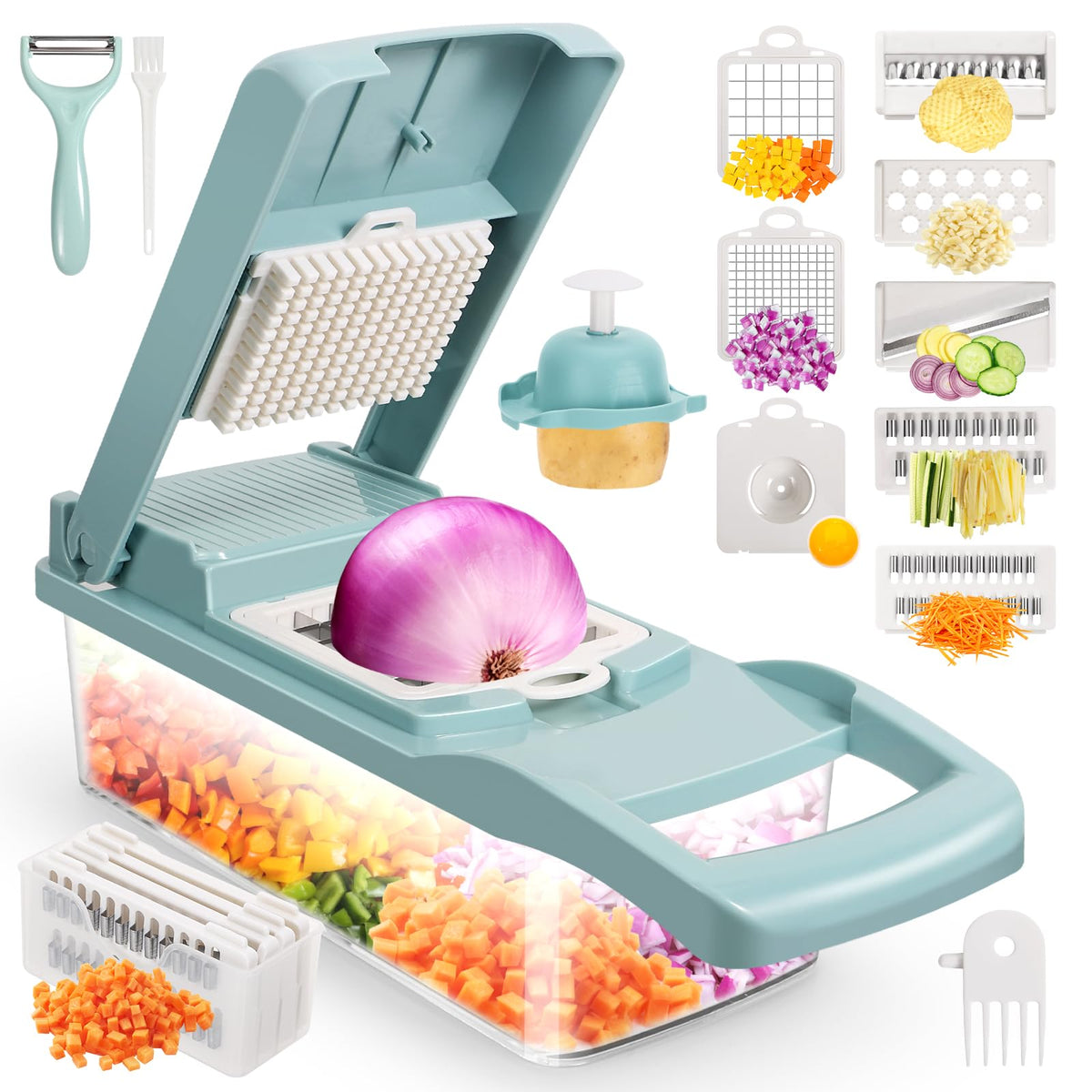 Senbowe onion chopper with 8-blade system for quick, uniform prep.