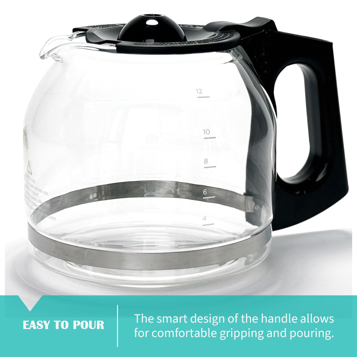 Sendextra 12-cup carafe with black handle for a comfortable, drip-free pour.