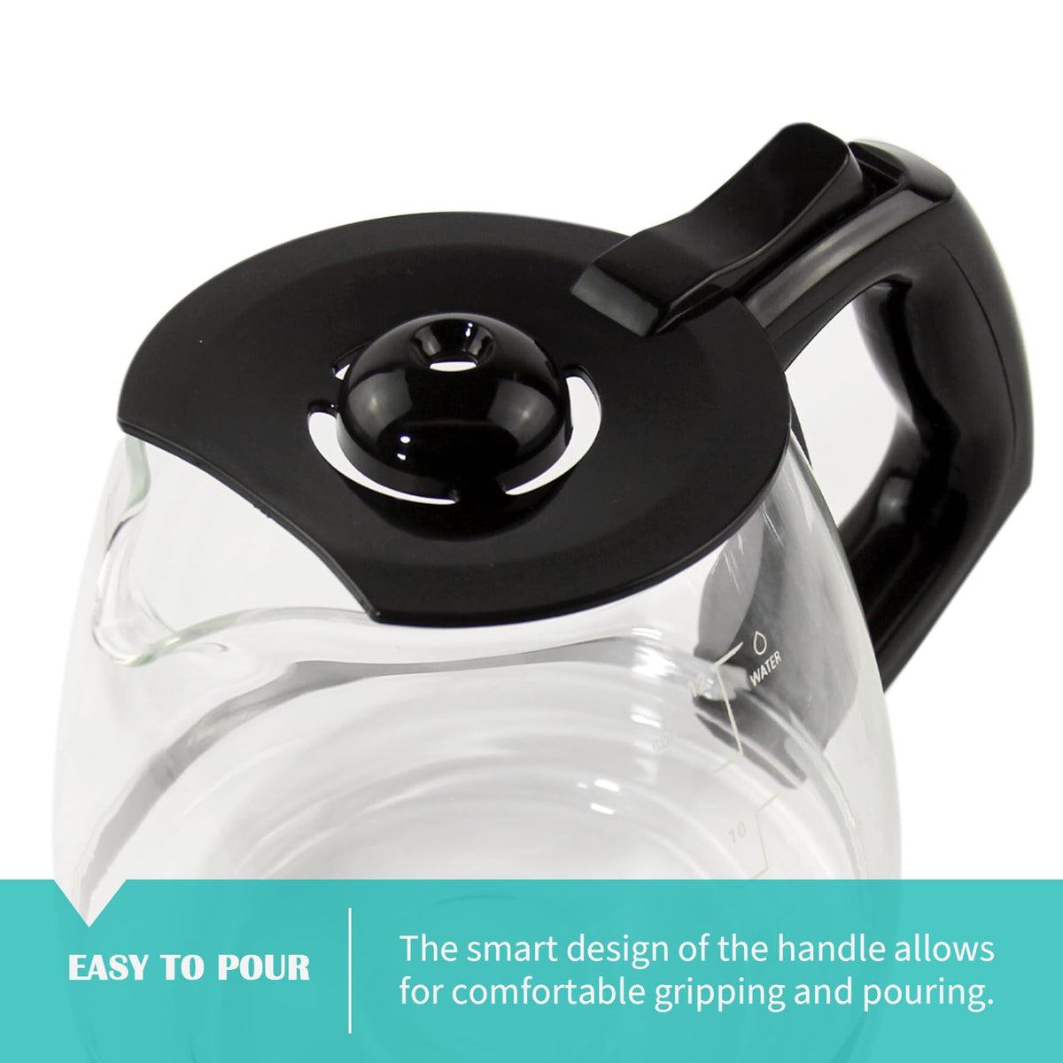 Sendextra borosilicate glass carafe emphasizes heat resistance and clarity.