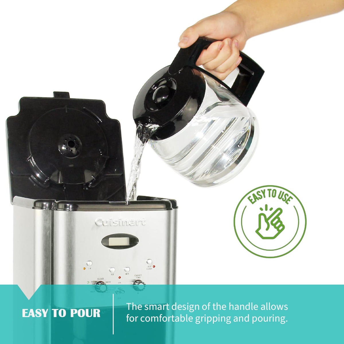 Sendextra wide-mouth glass carafe is simple to clean and inspect.