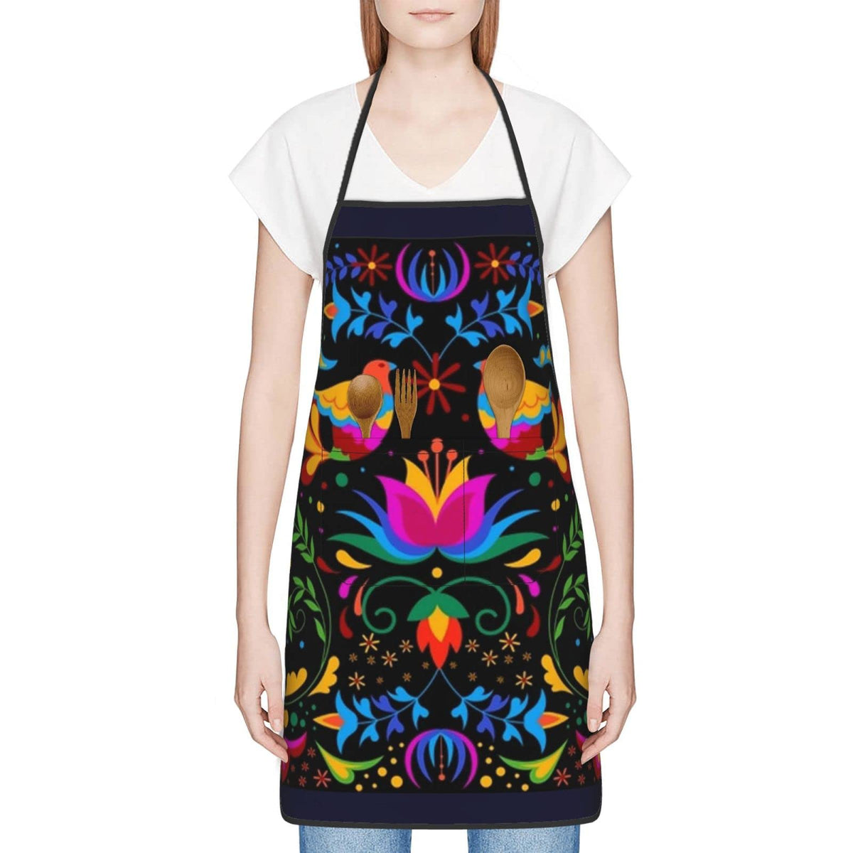 Senheol Dia de los Muertos apron waterproof coating in action during cooking.