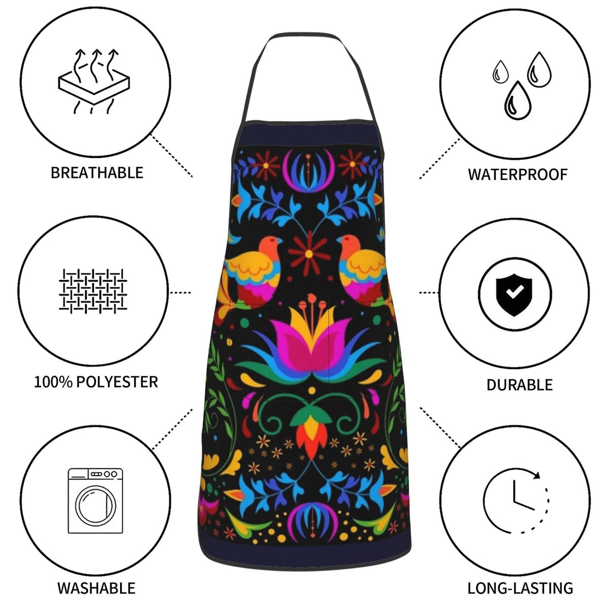 Senheol Dia de los Muertos apron ornamental design with vibrant flowers and birds.