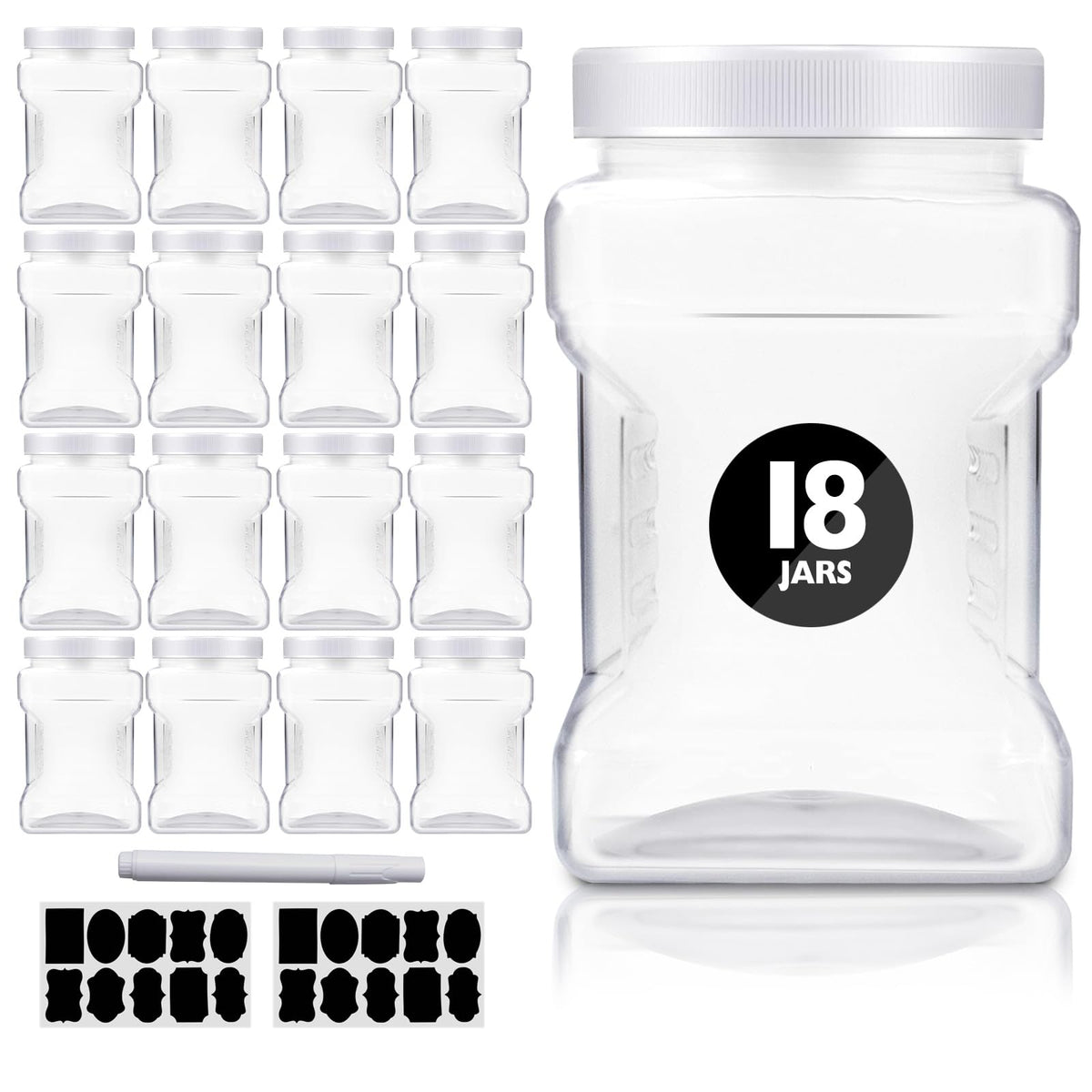 SENONAPO 18-pack clear jars with lids on kitchen shelf for organized pantry storage.