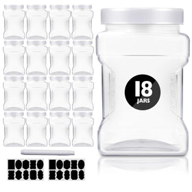 SENONAPO 18-pack clear jars with lids on kitchen shelf for organized pantry storage.