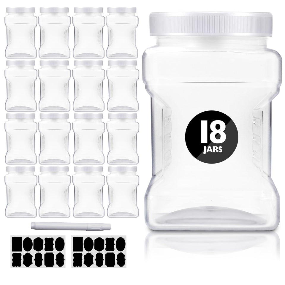 SENONAPO 18-pack clear jars with lids on kitchen shelf for organized pantry storage.