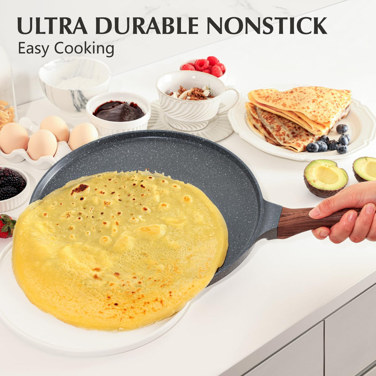 SENSARTE 10-inch pan rim design pictured, prevents spills while pouring batter.