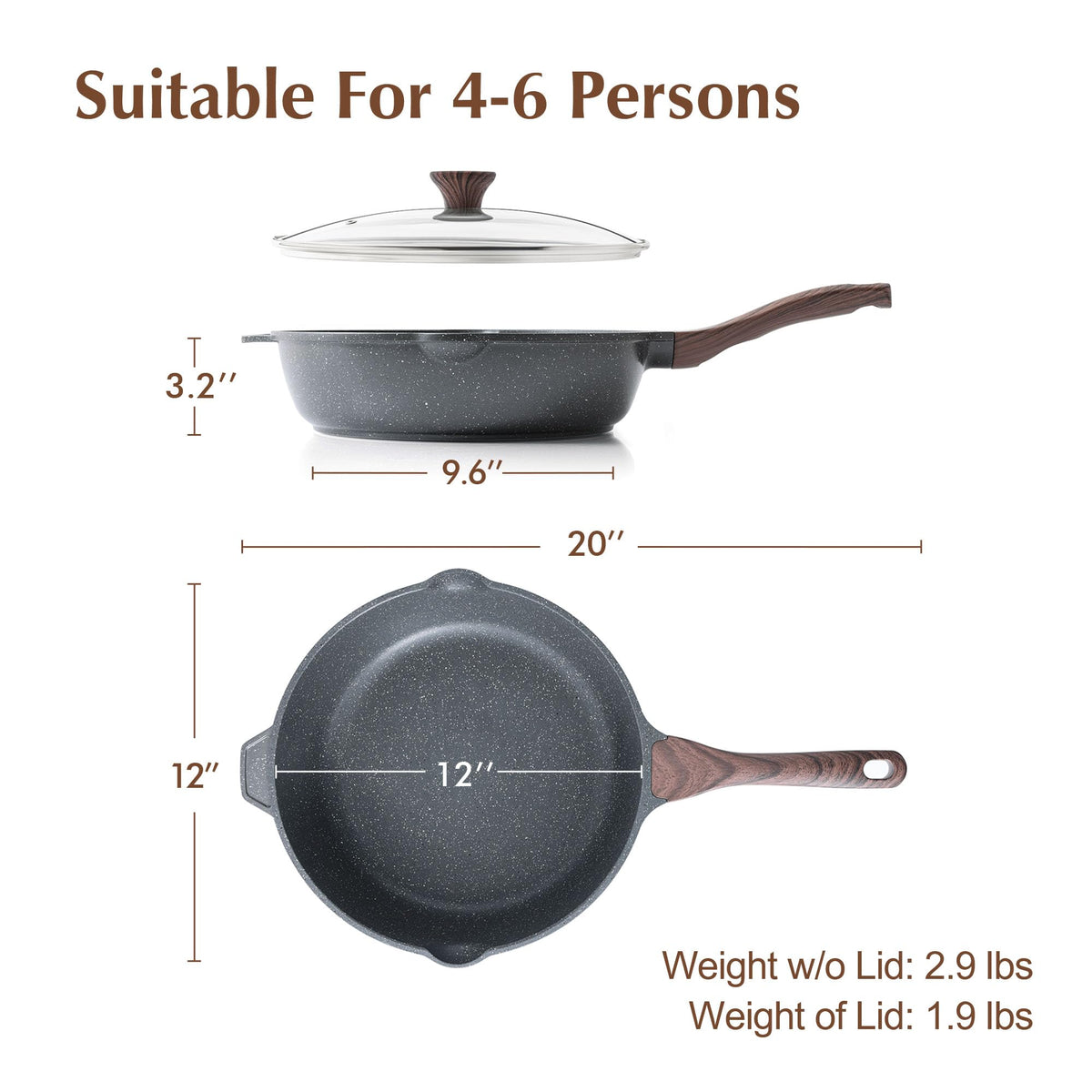 SENSARTE 12-inch pan showing 5-quart capacity for sautéing and frying.