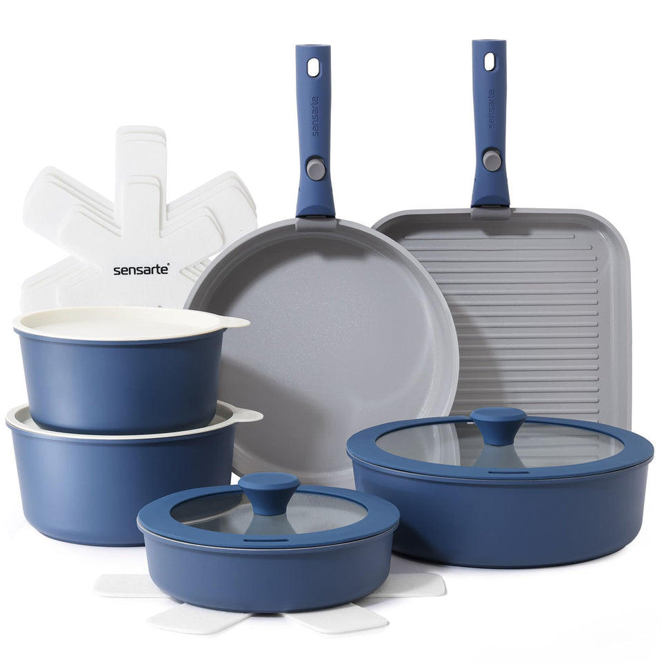 SENSARTE 17-piece cookware set assembled, showcasing stackable design for space-saving storage.