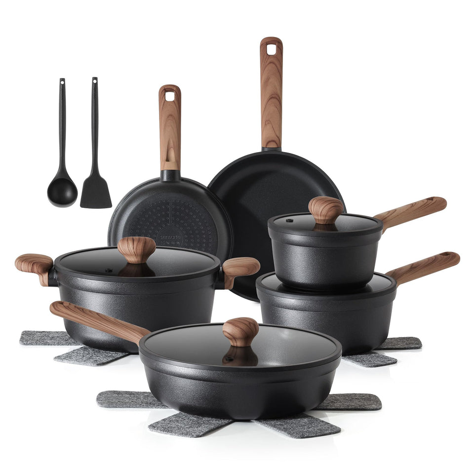 SENSARTE 17-piece nonstick cookware set front view for easy cooking prep.