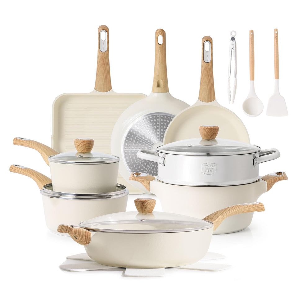 SENSARTE 20-piece ceramic cookware set assembled for a full kitchen display