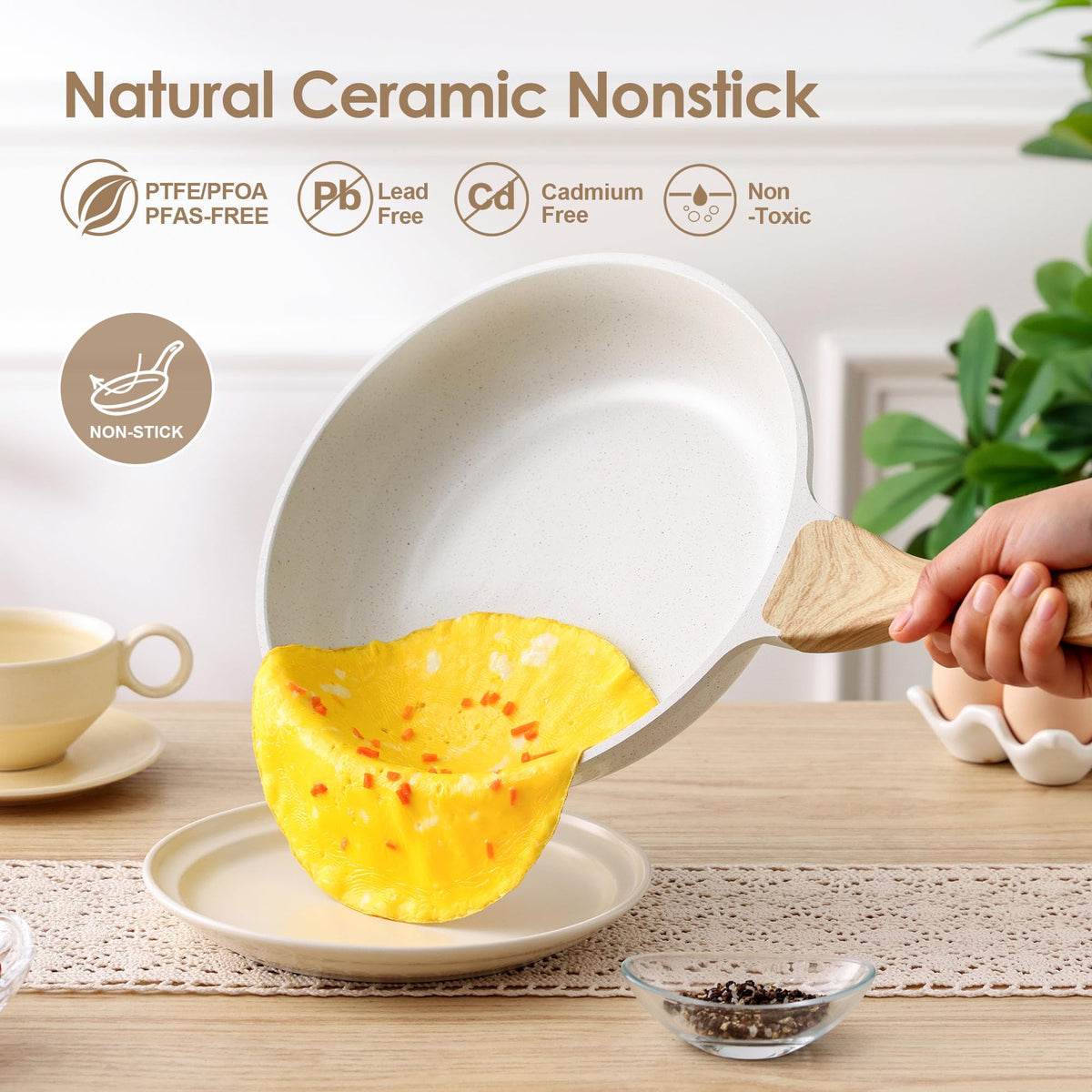 Close-up of SENSARTE ceramic nonstick coating highlighting easy food release with minimal oil.