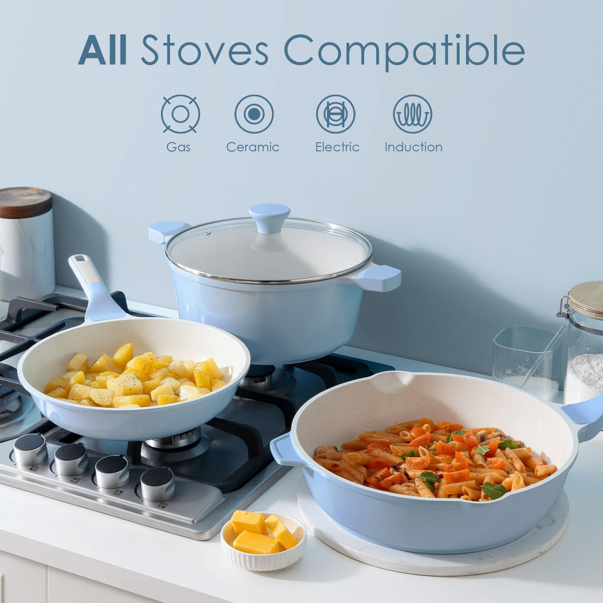 SENSARTE induction-base ceramic pan on stove delivering fast, even heat.