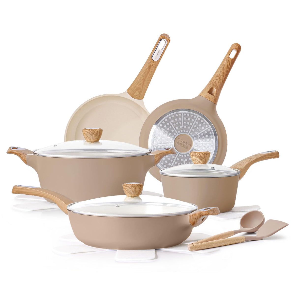 SENSARTE 14-piece ceramic pots and pans set shown together for even heat and easy release
