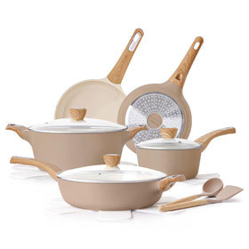 SENSARTE 14-piece ceramic pots and pans set shown together for even heat and easy release