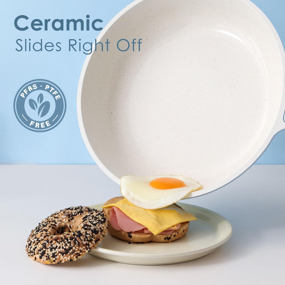 SENSARTE 8-inch ceramic skillet showing easy-release for omelets and delicate dishes.