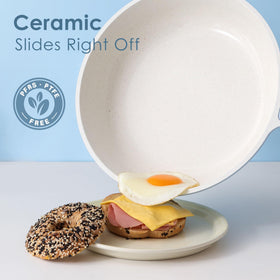 SENSARTE 8-inch ceramic skillet showing easy-release for omelets and delicate dishes.