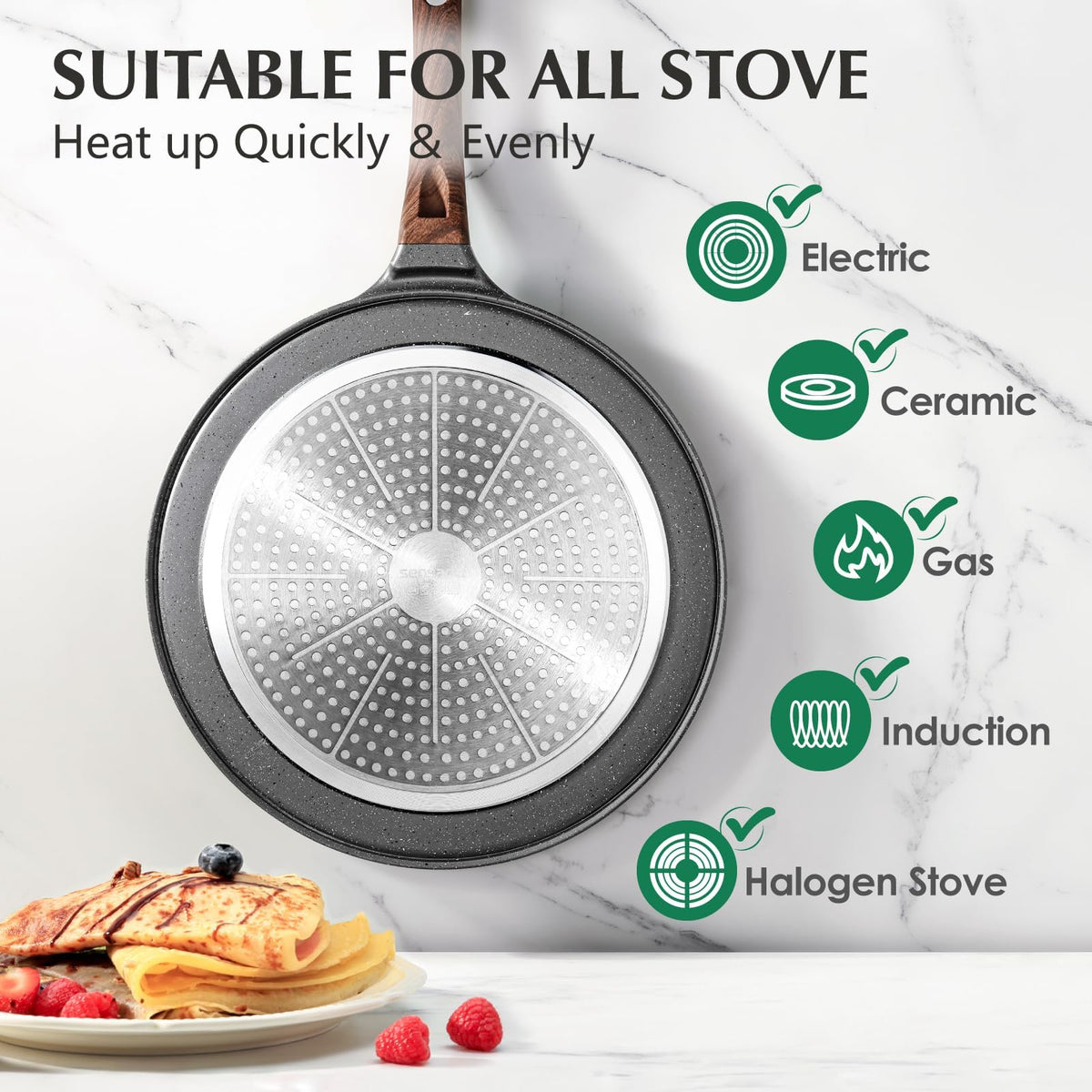 SENSARTE crepe pan with edge lip to prevent spills.