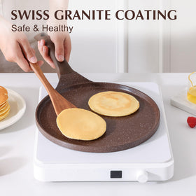 Sensarte crepe pan side view with stay-cool handle for safe flipping.