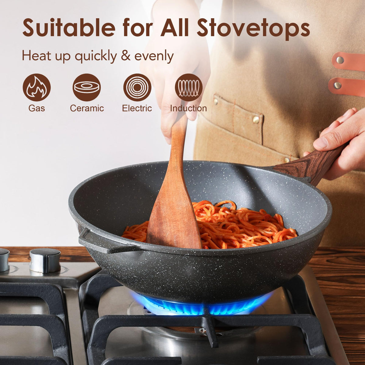 SENSARTE deep 3.5-inch wok height helps prevent splatter while cooking.