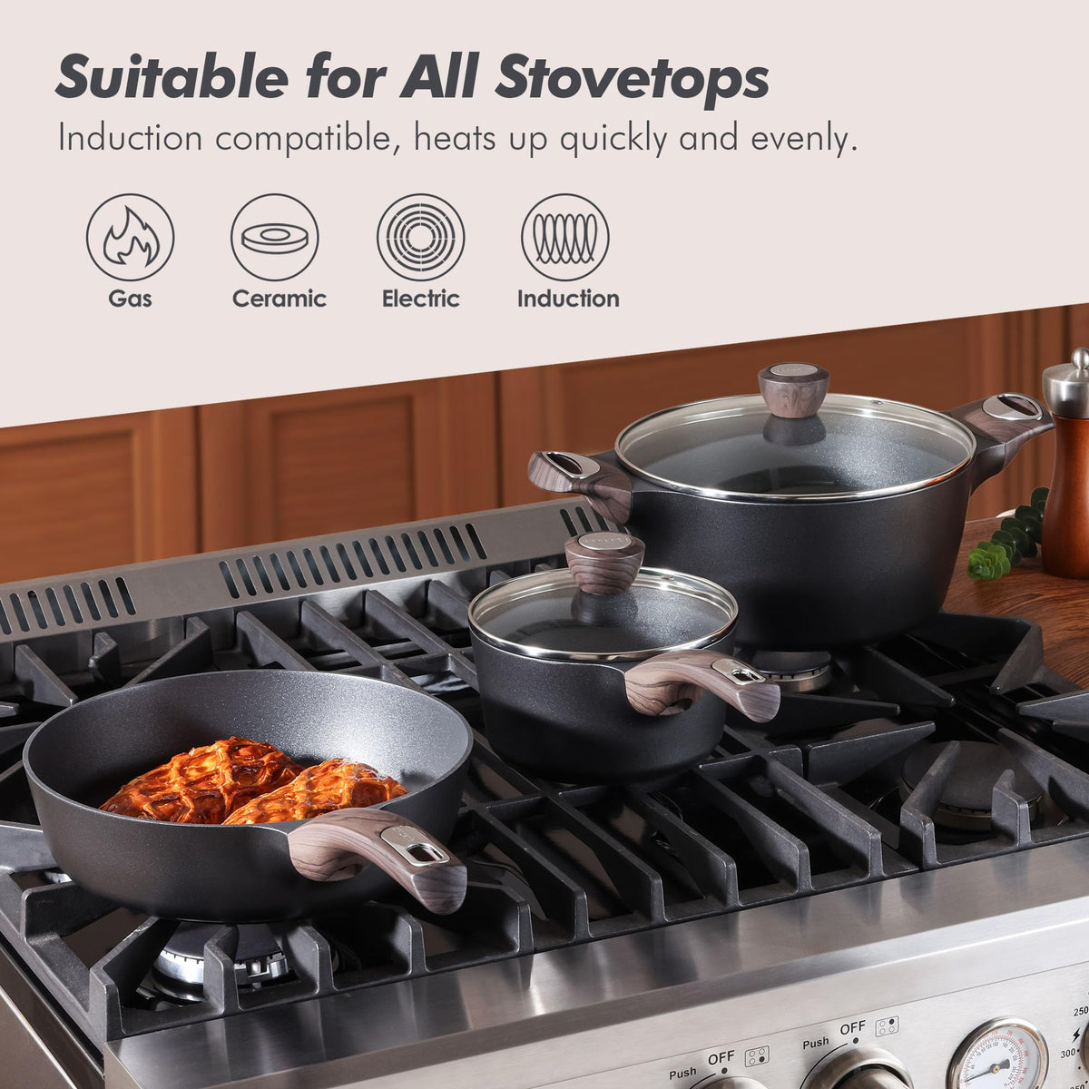 SENSARTE die-cast aluminum heats quickly and evenly for fast cooking.