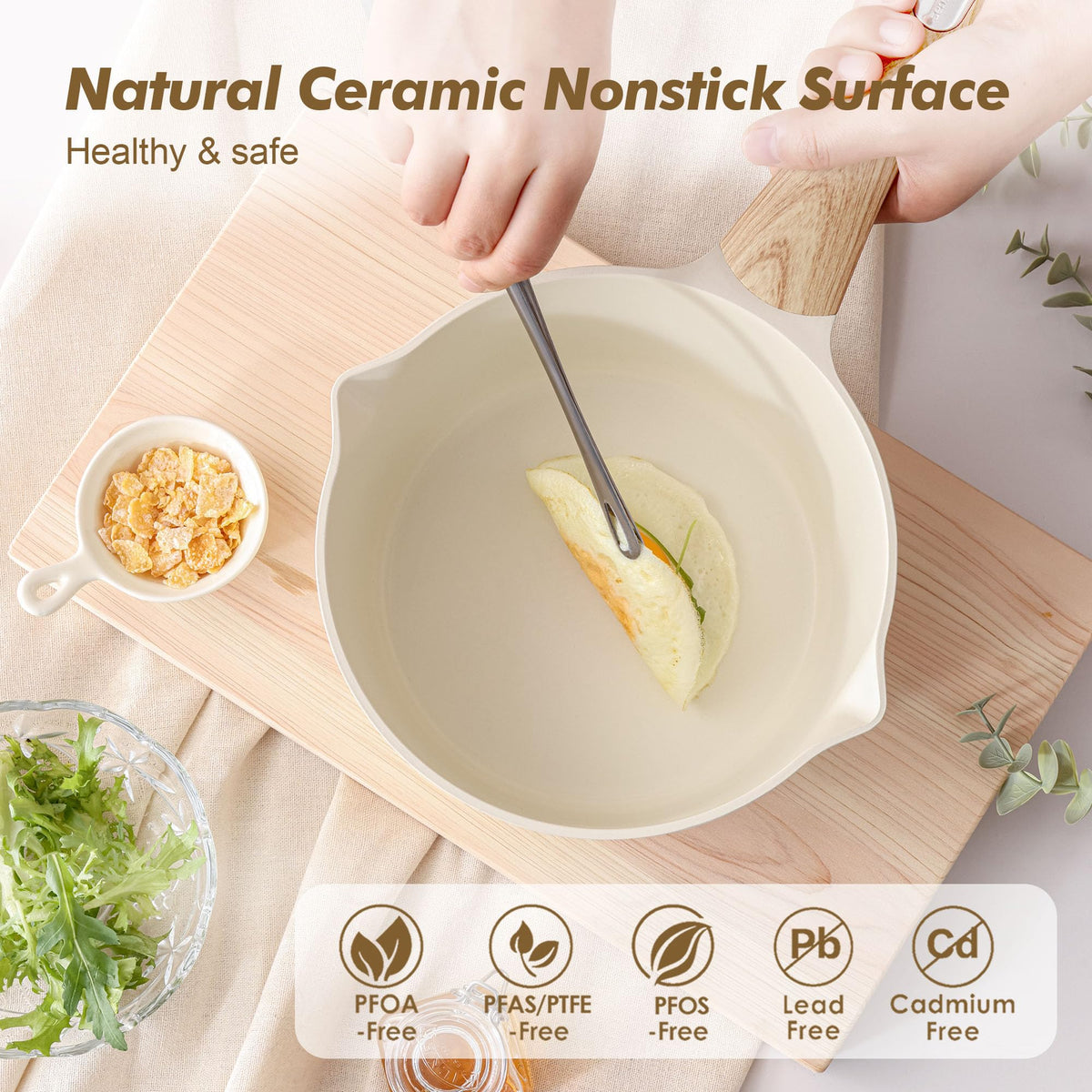 SENSARTE double pour spout saucepan designed for right or left handed pouring.