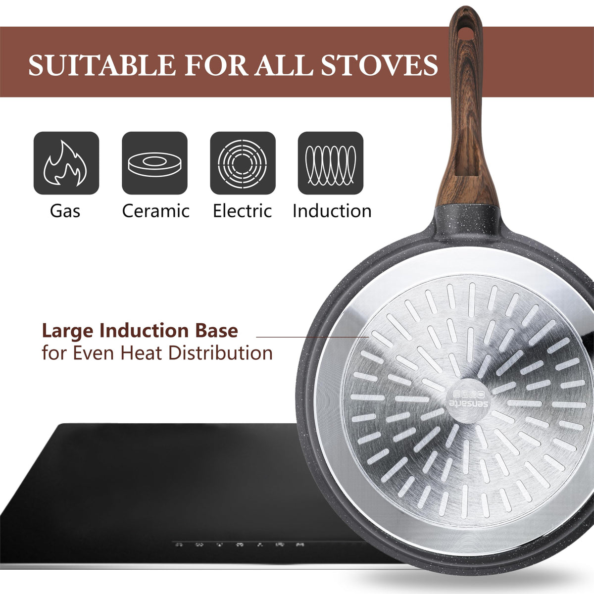 SENSARTE 9.5-inch fry pan highlighting sturdy cast aluminum and warp resistance.