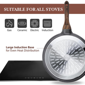 SENSARTE 9.5-inch fry pan highlighting sturdy cast aluminum and warp resistance.