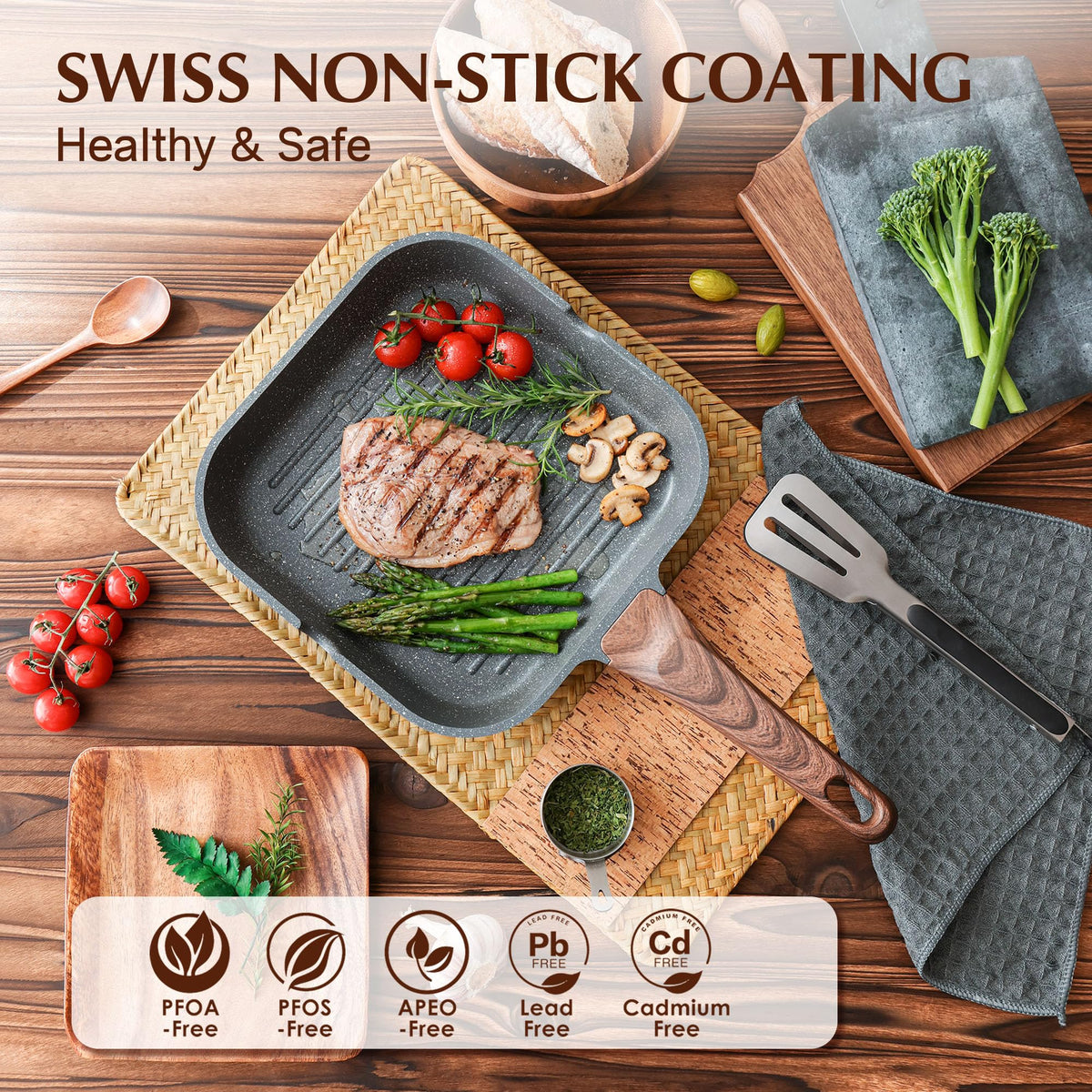 SENSARTE grill pan with pour spouts shows side drainage for fats