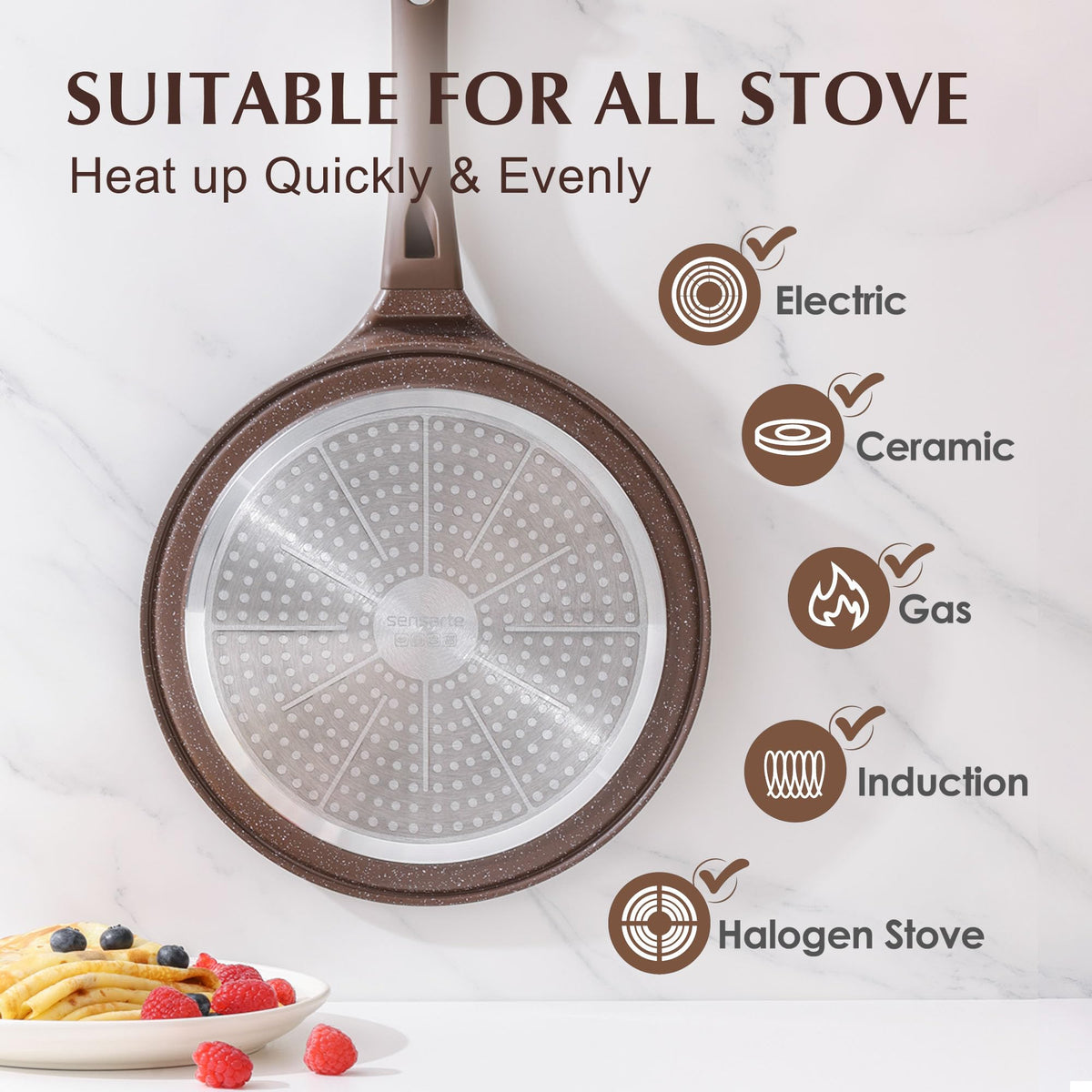 Sensarte induction-base pan on stove demonstrating universal compatibility.