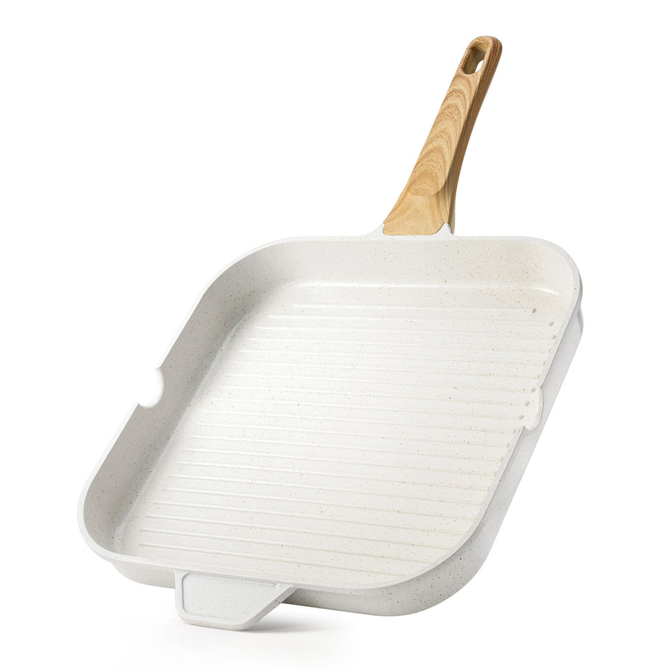 SENSARTE nonstick ceramic grill pan 12-inch square heats evenly for searing.