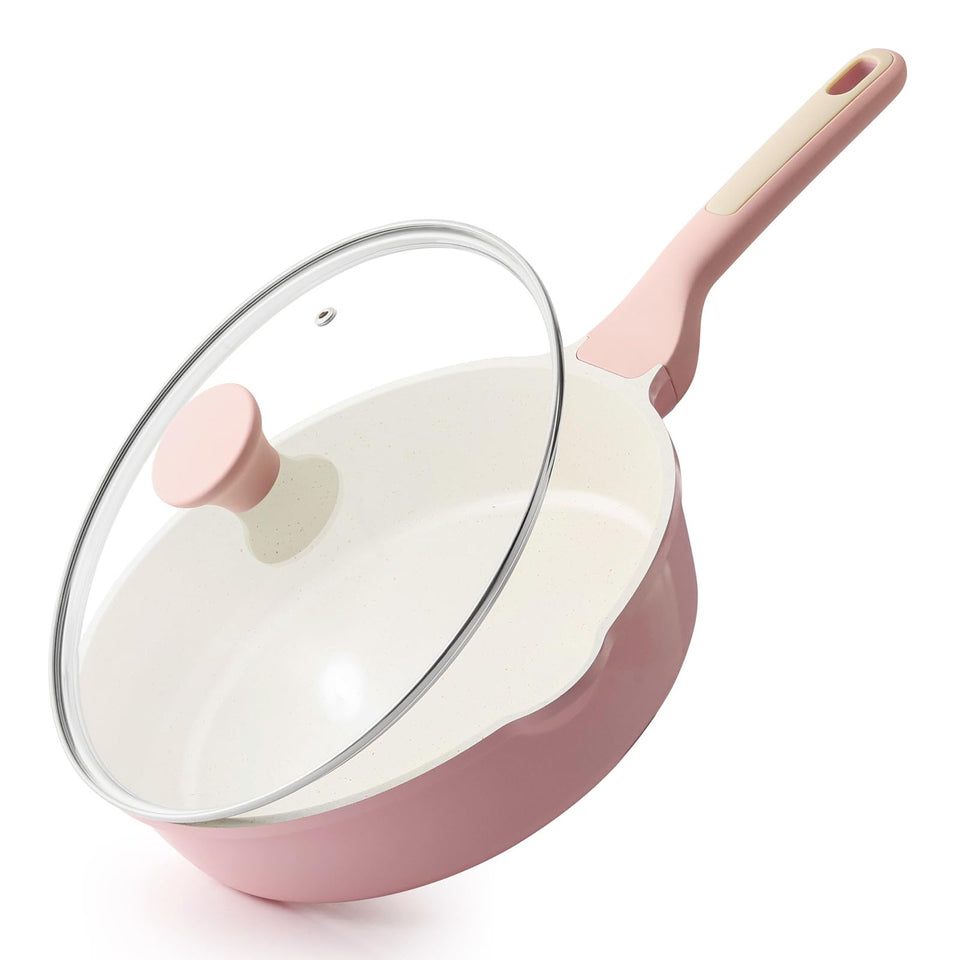 SENSARTE 10-inch pink ceramic skillet with lid for easy, nonstick cooking